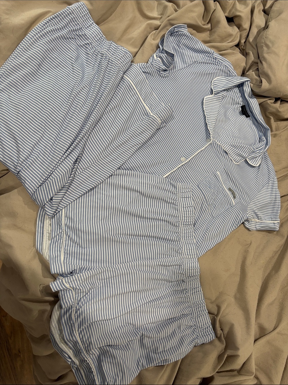 Blue and White Striped Short Sleeve Shirt 3 piece set pants + shorts